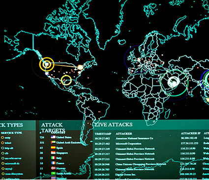 Photo, image of monitor showing real-time cyber attacks, DVIDS