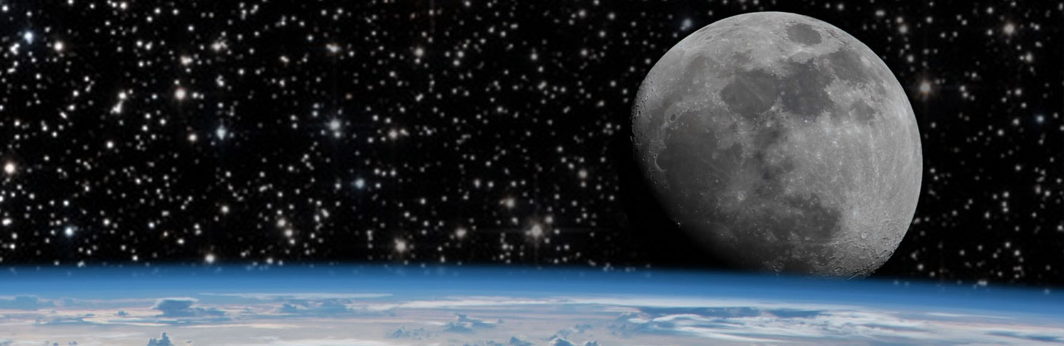 Composite image showing earth in foreground, the moon, and stars in the background, Nasa
