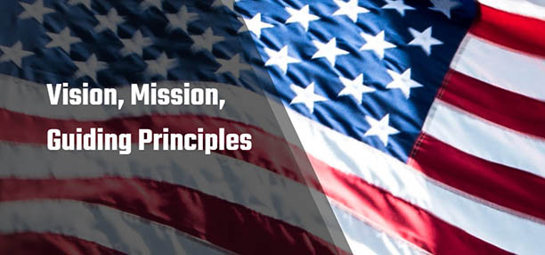 Vision, Mission, Guiding Principles banner with U.S. Flag