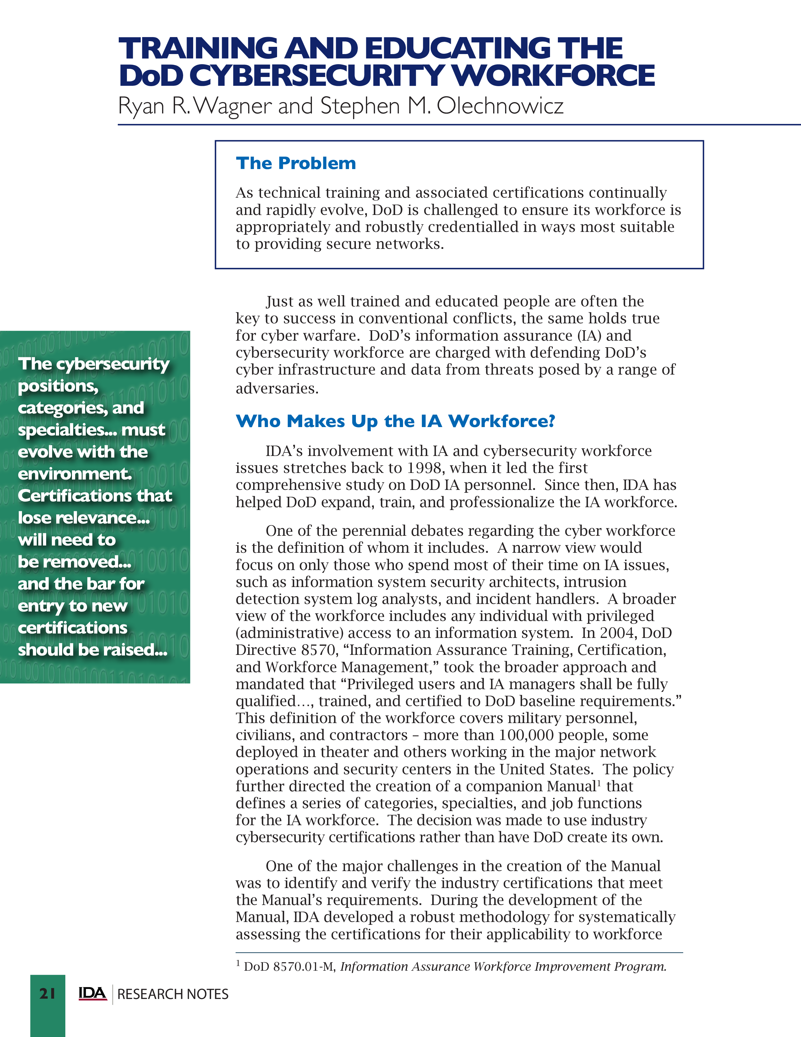 2011 Training and Education the DoD Cybersecurity workforce graphic