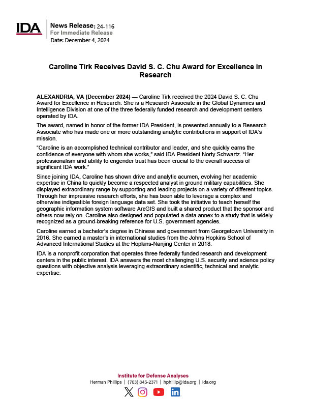 Caroline Tirk Receives David S. C. Chu Award for Excellence in Research