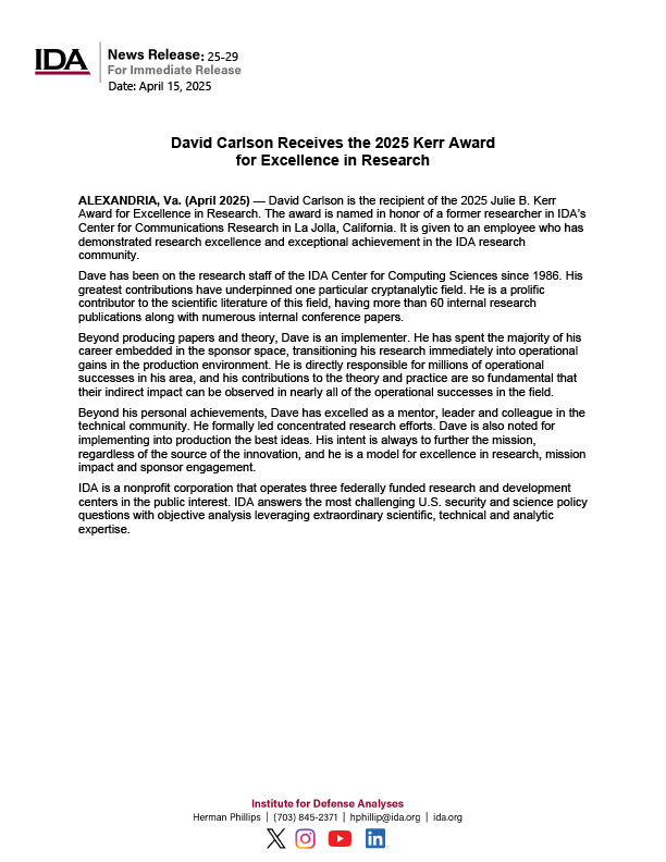 David Carlson Receives the 2025 Kerr Award for Excellence in Research