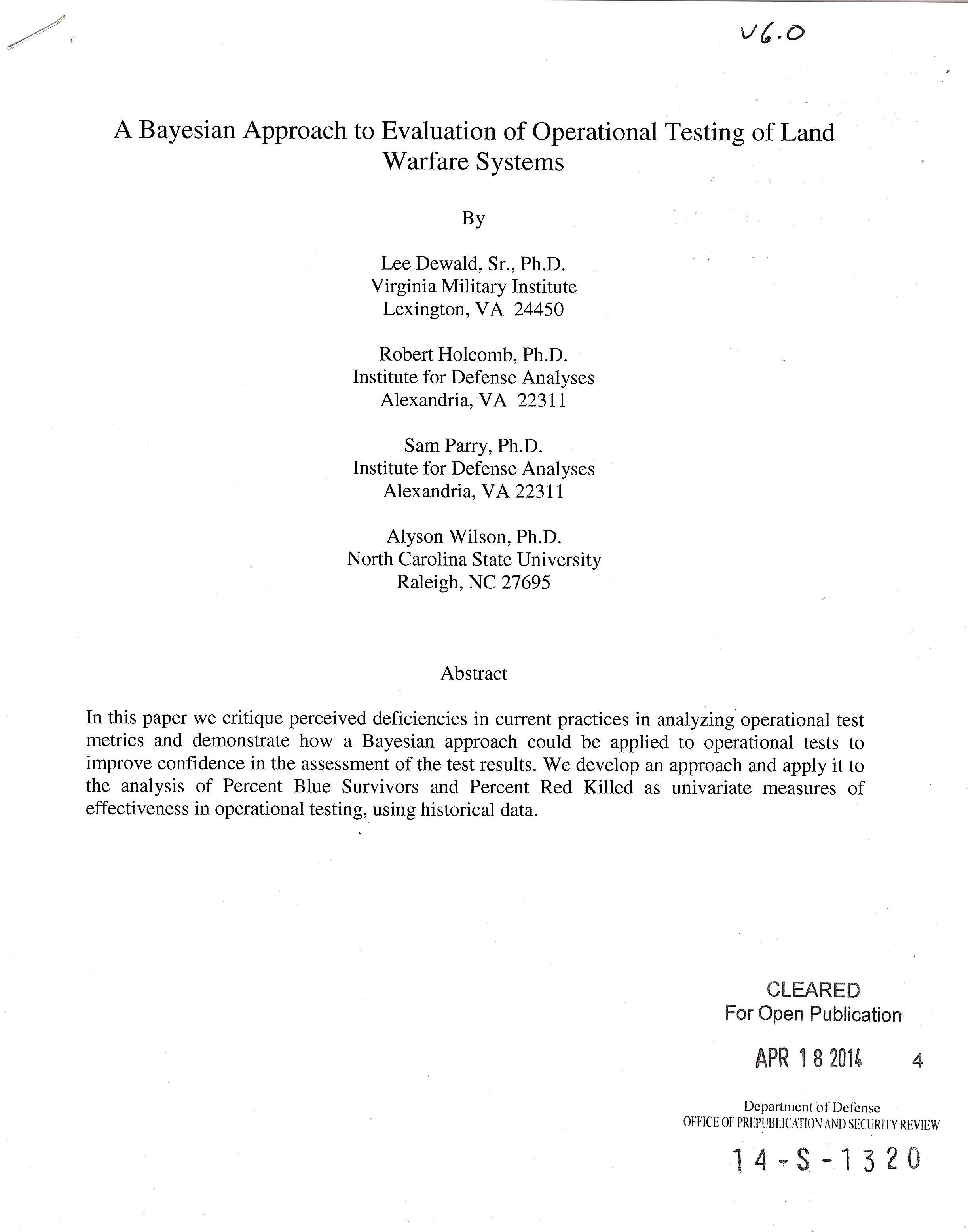 A Bayesian Approach to Evaluation of Operational Testing of Land Warfare Systems