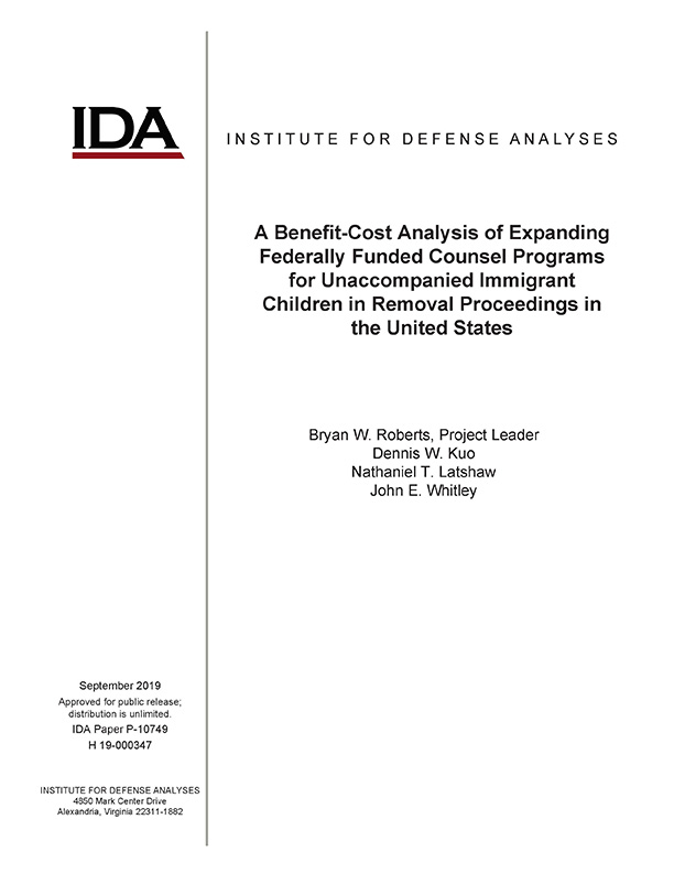 document cover, A Benefit-Cost Analysis of Expanding Federally Funded Counsel Programs for Unaccompanied Immigrant Children in Removal Proceedings in the United States