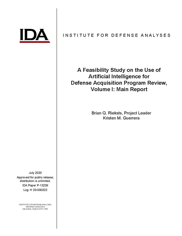 document cover, A Feasibility Study on the Use of Artificial Intelligence for Defense Acquisition Program Review, Volume 1: Main Report