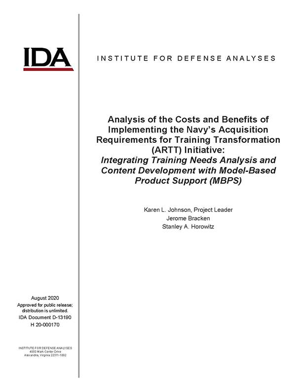 document cover, Analysis of the Costs and Benefits of Implementing the Navy’s Acquisition Requirements for Training Transformation (ARTT) Initiative: Integrating Training Needs Analysis and Content Development with Model-Based Product Support (MBPS)