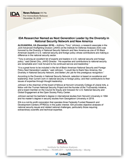 IDA Researcher Named as Next Generation Leader by the Diversity in National Security Network and New America