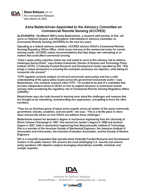document thumbnail image, Asha Balakrishnan Appointed to the Advisory Committee on Commercial Remote Sensing (ACCRES)