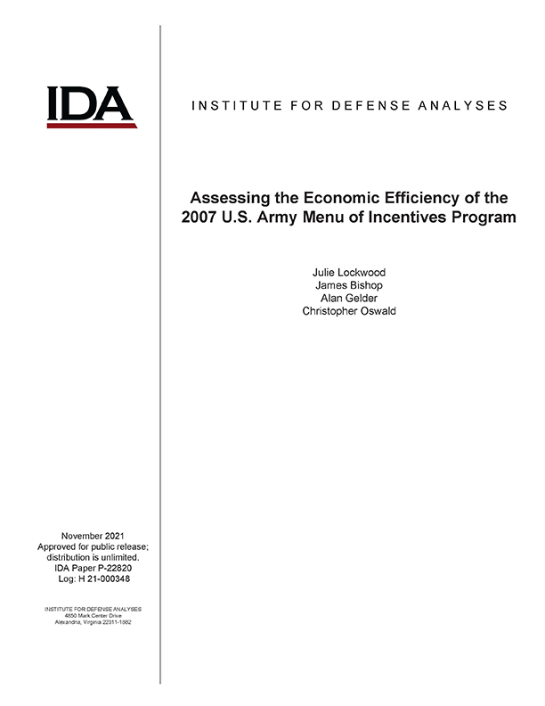 document cover, Assessing the Economic Efficiency of the 2007 U.S. Army Menu of Incentives Program