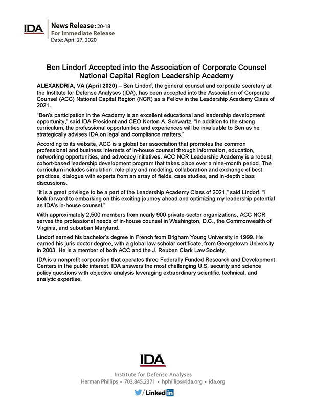 document photo, Ben Lindorf Accepted into the Association of Corporate Counsel National Capital Region Leadership Academy