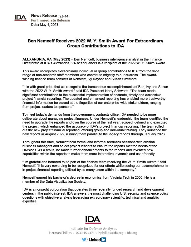 Ben Nemceff Receives 2022 W. Y. Smith Award For Extraordinary Group Contributions to IDA