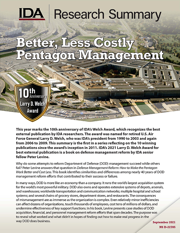 document thumbnail, Better, Less Costly Pentagon Magement (IDA Research Summary)