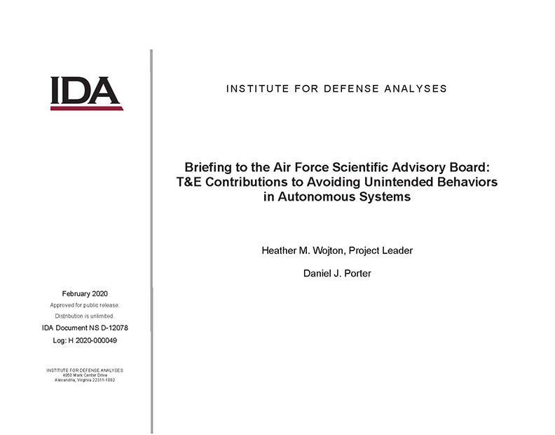 document cover, Briefing to the Air Force Scientific Advisory Board: T&E Contributions to Avoiding Unintended Behaviors in Autonomous Systems