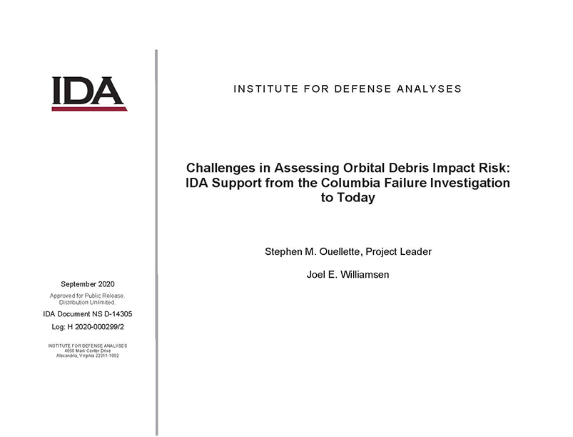 document cover, Challenges in Assessing Orbital Debris Impact Risk: IDA Support from the Columbia Failure Investigation to Today