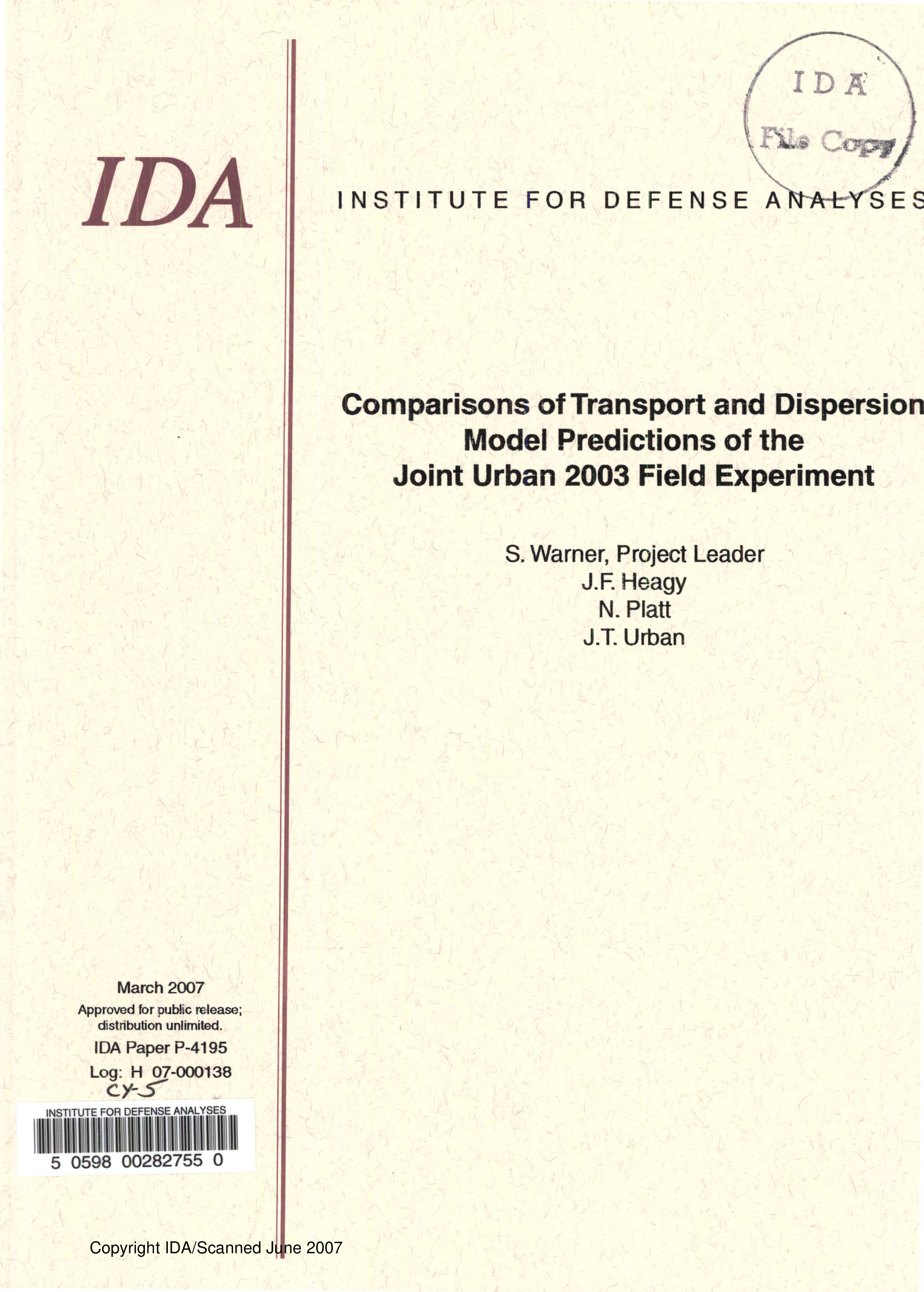 Comparisons of Transport and Dispersion Model Predictions of the Joint Urban 2003 Field Experiment