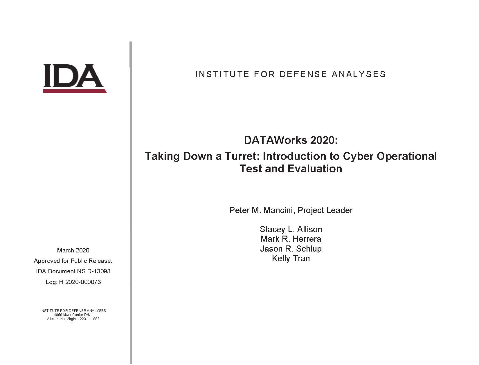 document cover, DATAWorks 2020: Taking Down a Turret: Introduction to Cyber Operational Test and Evaluation