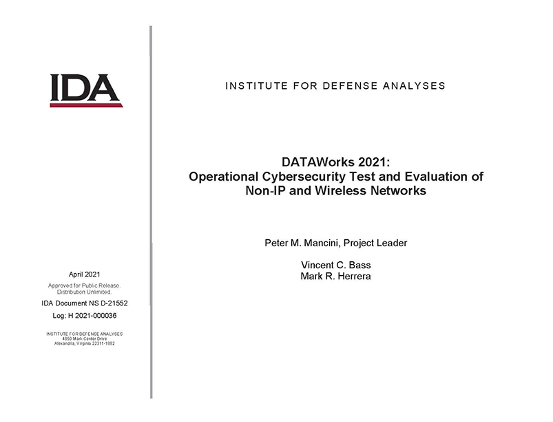 document cover, DATAWorks 2021: Operational Cybersecurity Test and Evaluation of Non-IP and Wireless Networks