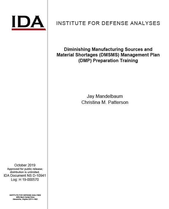 document cover, Diminishing Manufacturing Sources and Material Shortages (DMSMS) Management Plan (DMP) Preparation Training