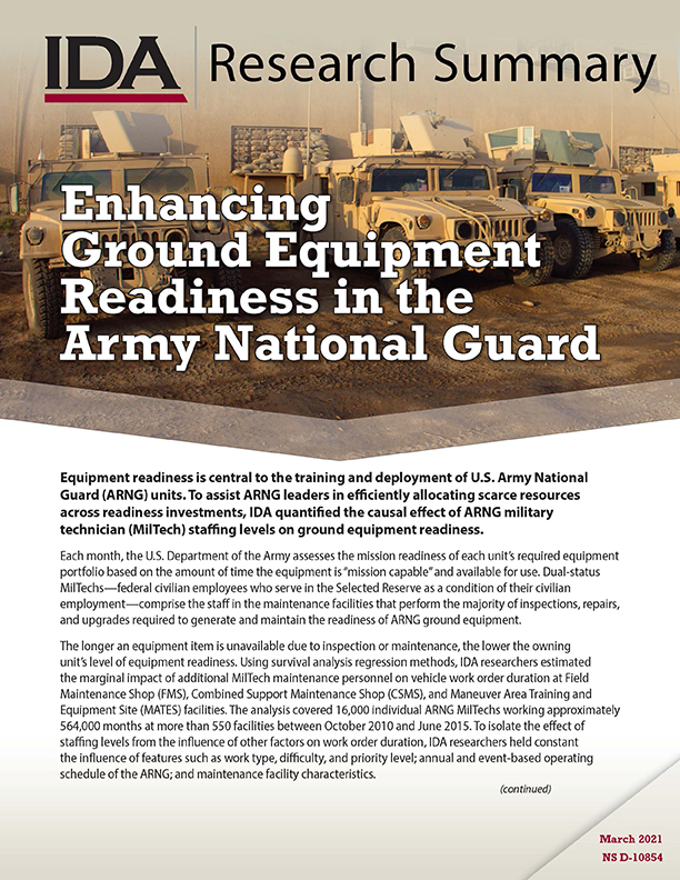 document cover, Enhancing Ground Equipment Readiness in the Army National Guard