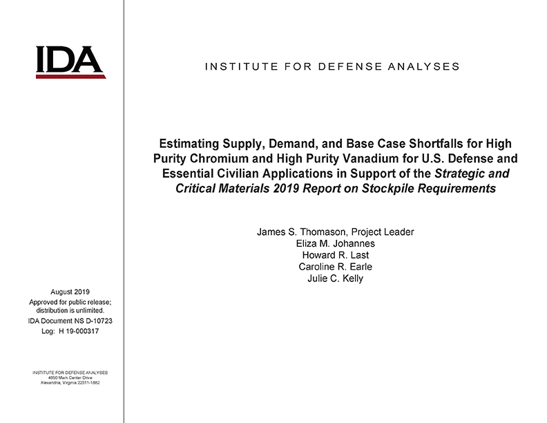 document cover, Estimating Supply, Demand, and Base Case Shortfalls for High Purity Chromium and High Purity Vanadium for U.S. Defense and Essential Civilian Applications in Support of the Strategic and Critical Materials 2019 Report on Stockpile Requirements