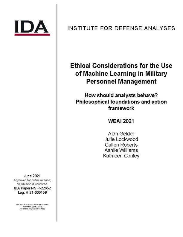 document cover, Ethical Considerations for the Use of Machine Learning in Military Personnel Management, How Should Analysts Behave? Philosophical Foundations and Action Framework WEAI 2021