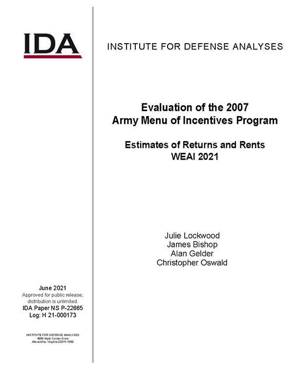 document cover, Evaluation of the 2007 Army Menu of Incentives Program Estimates of Returns and Rents WEAI 2021