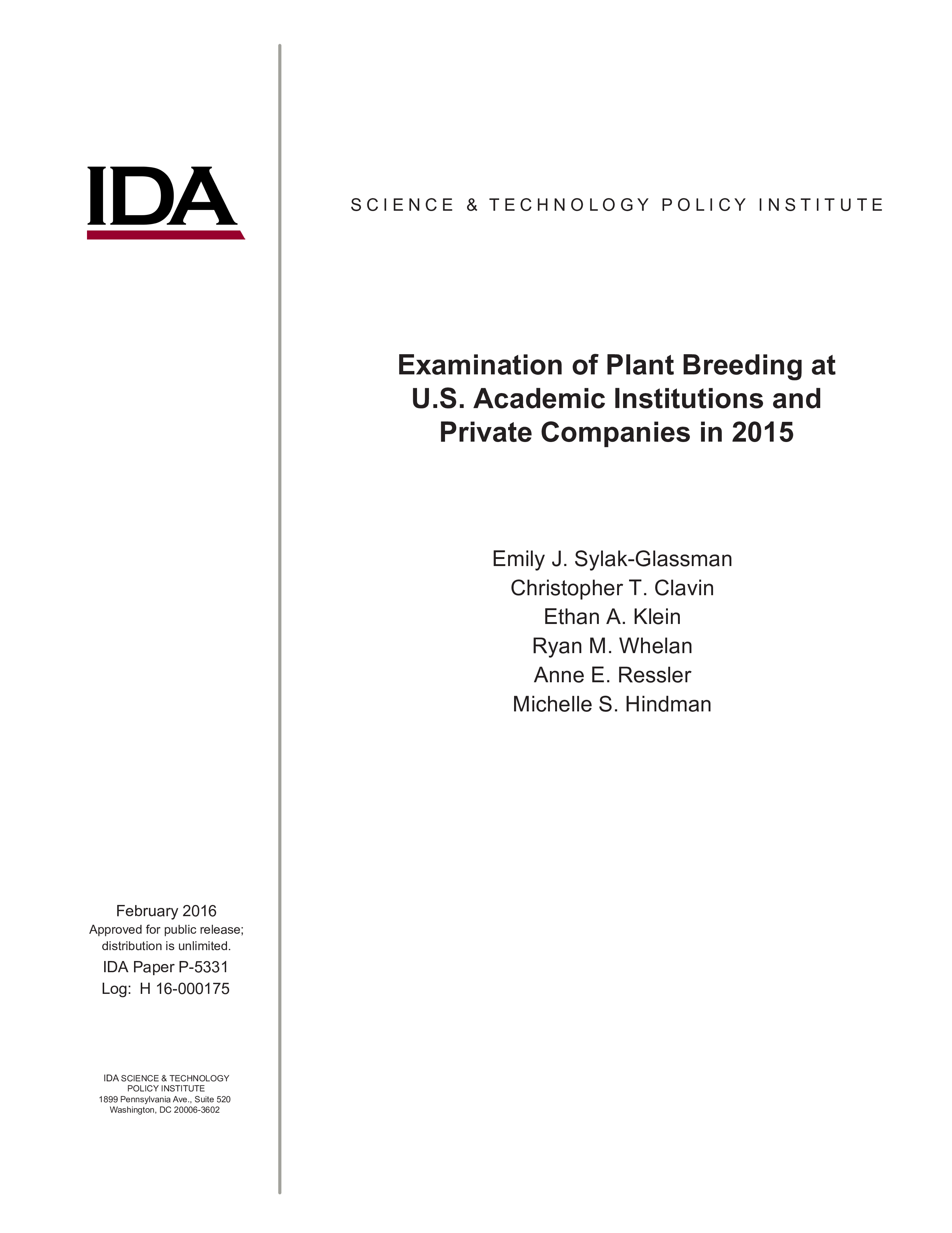 Examination of Plant Breeding at U.S. Academic Institutions and Private Companies in 2015