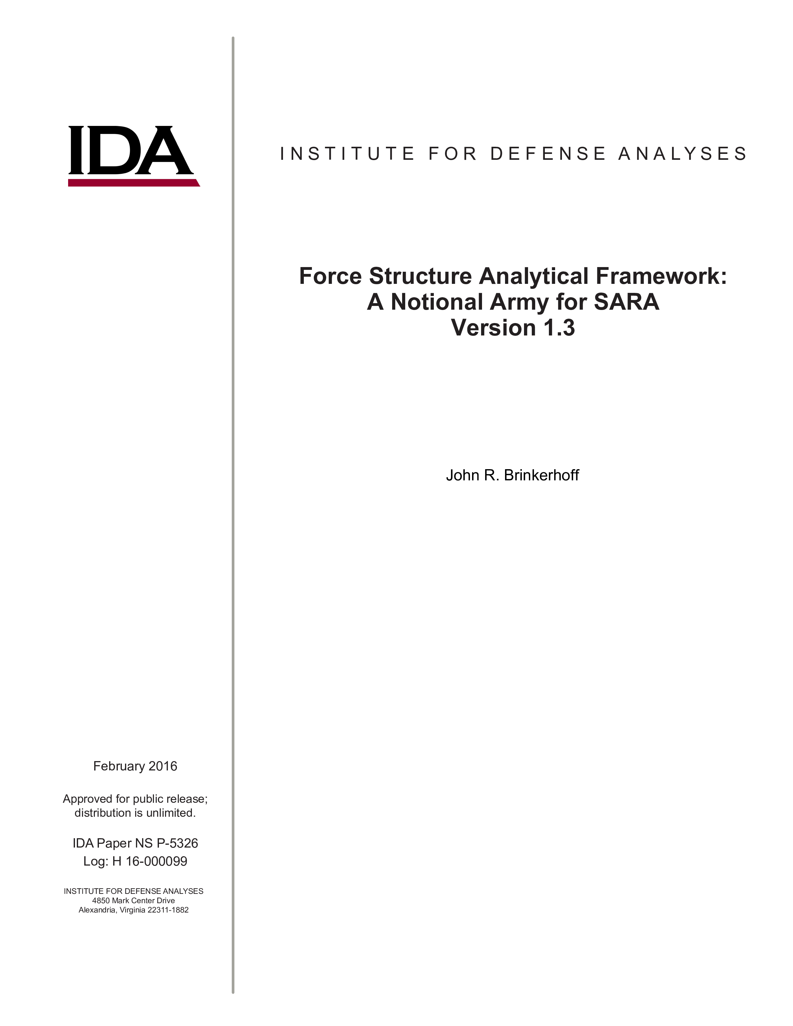 Force Structure Analytical Framework: A Notional Army for SARA Version 1.3