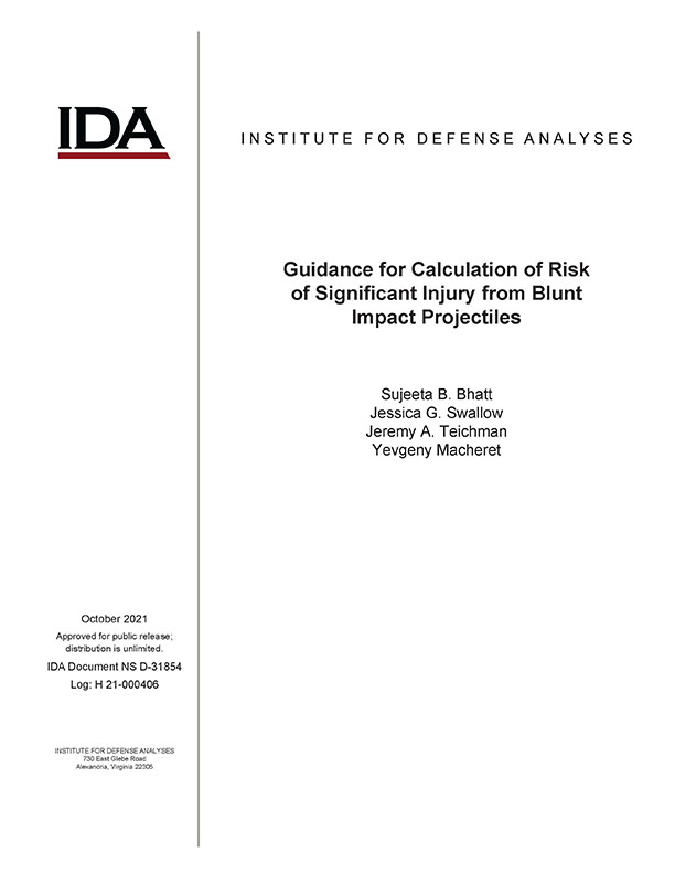 document cover, Guidance for Calculation of Risk of Significant Injury from Blunt Impact Projectiles