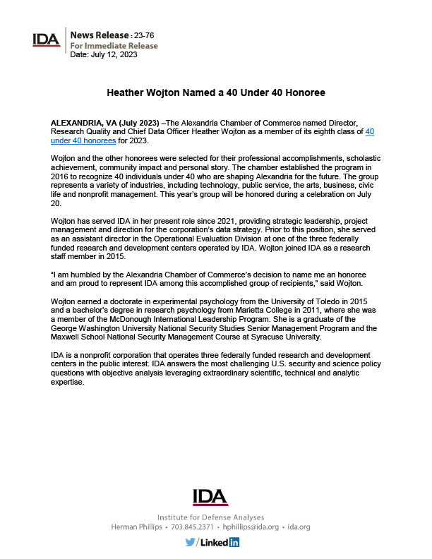 Heather Wojton Named a 40 Under 40 Honoree