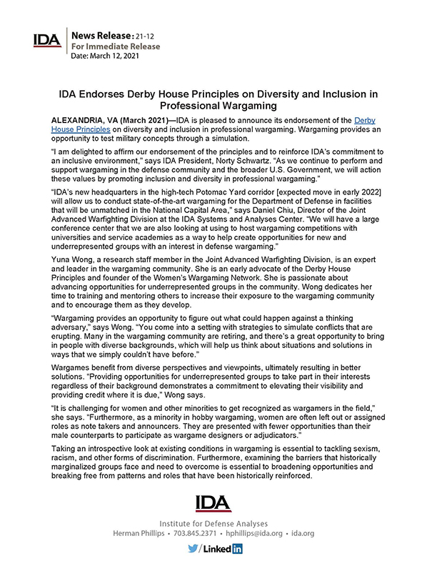 News Release page 1, IDA Endorses Derby House Principles on Diversity and Inclusion in Professional Wargaming
