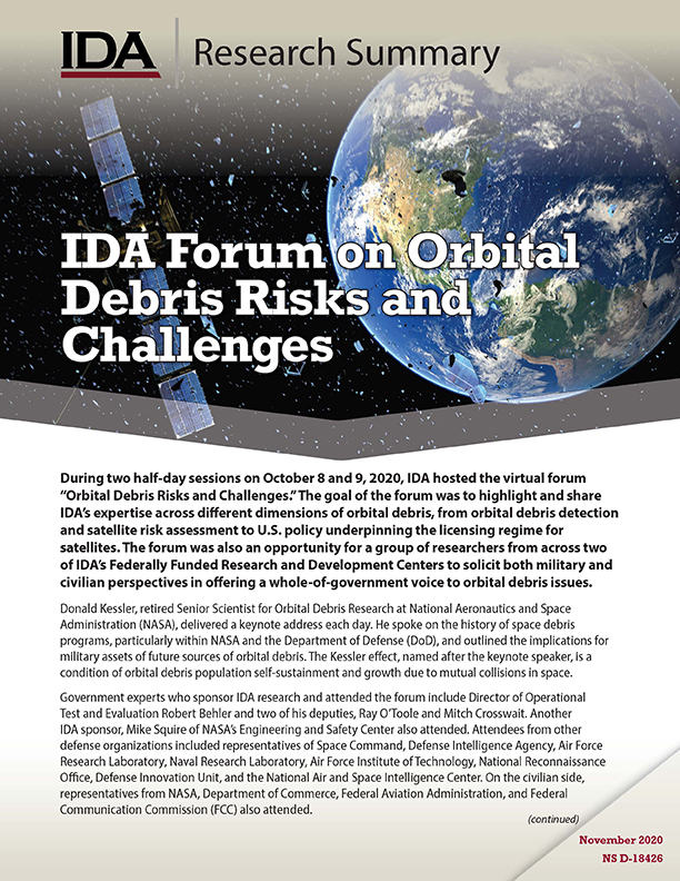document cover, IDA Forum on Orbital Debris Risks and Challenges