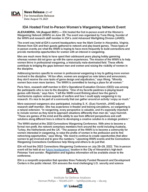 News Release thumbnail, IDA Hosted First In-Person Women’s Wargaming Network Event