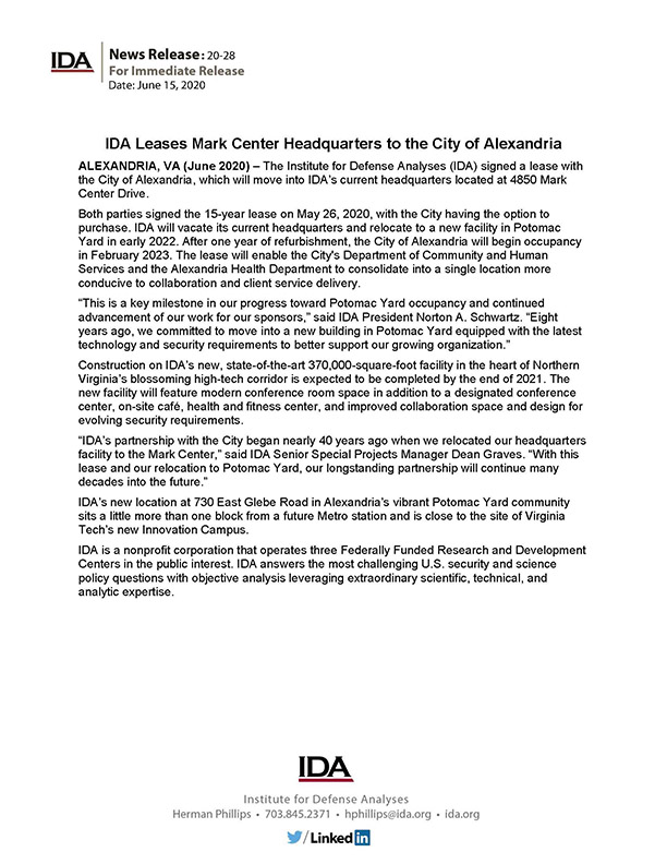 IDA Leases Mark Center Headquarters to the City of Alexandria