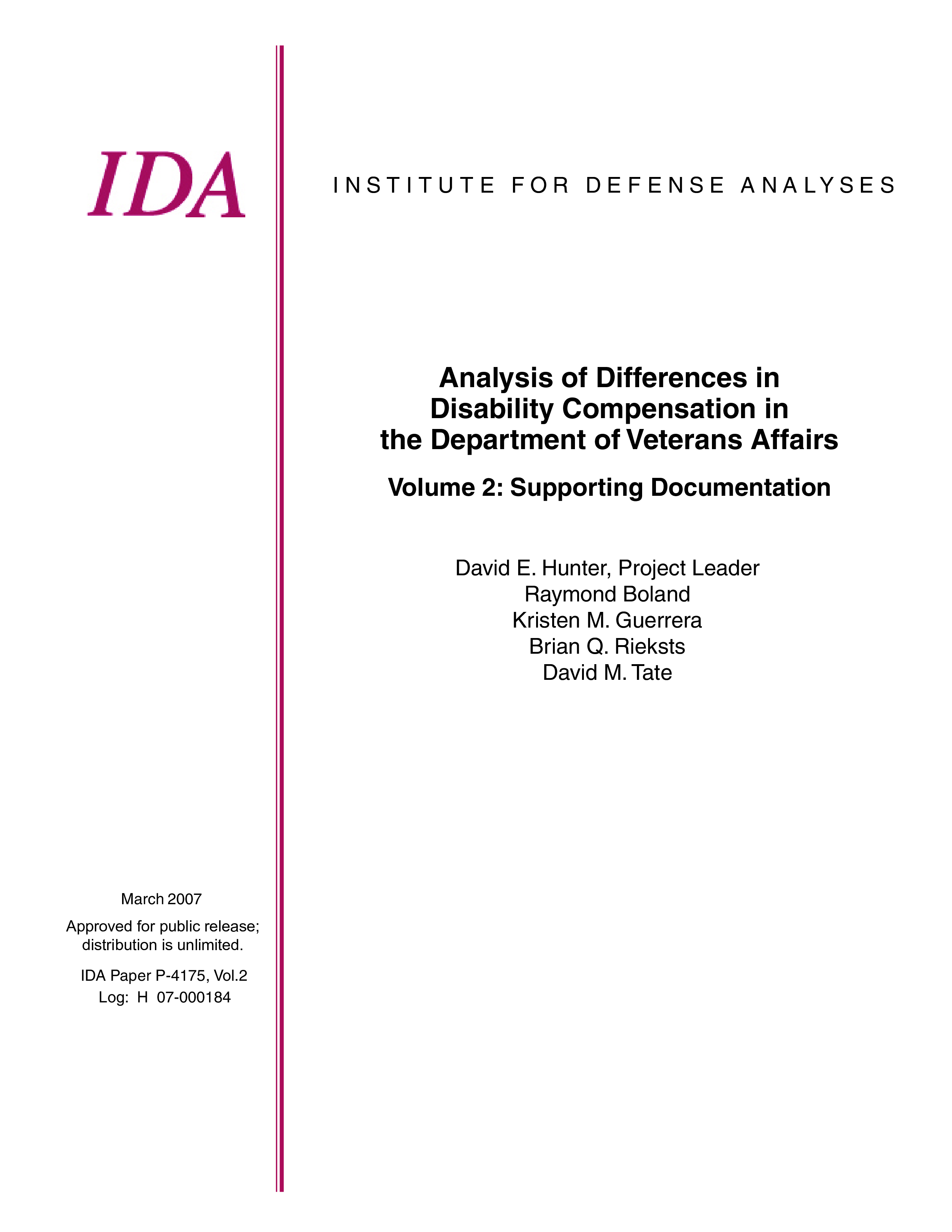 Analysis of Differences in Disability Compensation in the Department of Veterans Affairs, Volume 2: Supporting Documentation