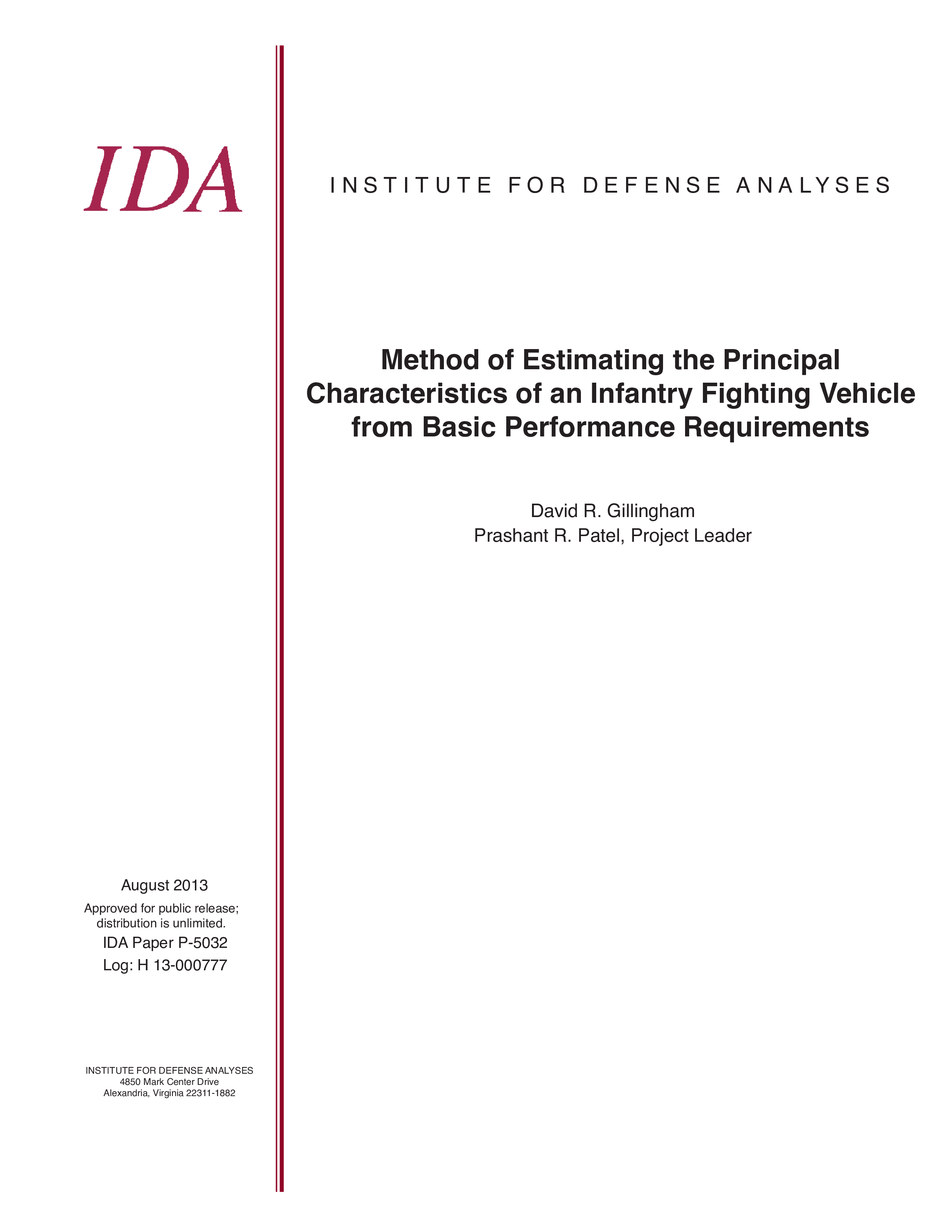 Method of Estimating the Principal Characteristics of an Infantry Fighting Vehicle from Basic Performance Requirements