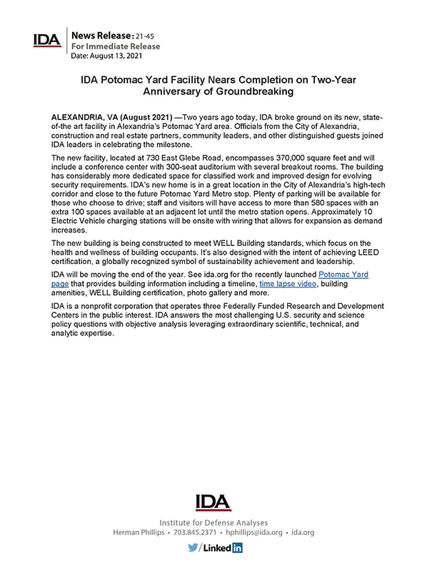document thumbnail, IDA Potomac Yard Facility Nears Completion on Two-Year Anniversary of Groundbreaking