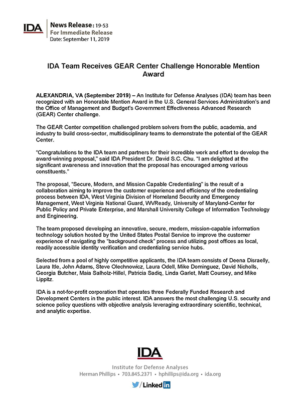 IDA Team Receives GEAR Center Challenge Honorable Mention Award