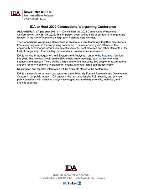 document thumbnail, IDA to Host 2022 Connections Wargaming Conference