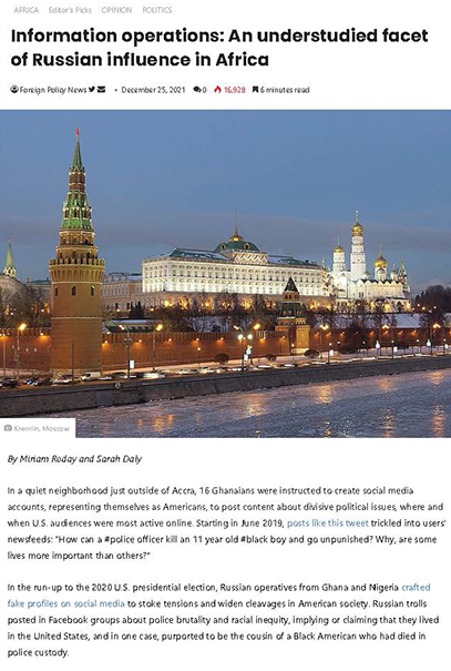 publication thumbnail, Information Operations: An Understudied Facet of Russian Influence in Africa