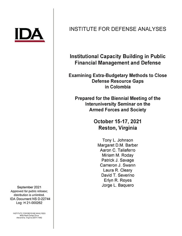 document cover, Institutional Capacity Building in Public Financial Management and Defense, Examining Extra-Budgetary Methods to Close Defense Resource Gaps in Colombia