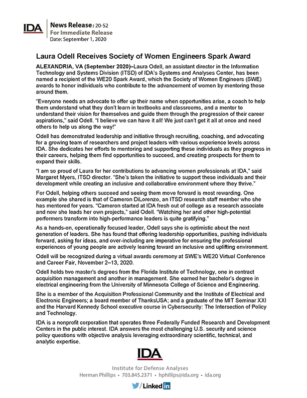 snapshot of relase, Laura Odell Receives Society of Women Engineers Spark Award
