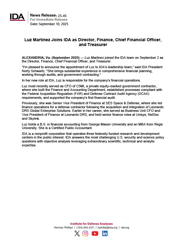 Luz Martinez Joins IDA as Director, Finance, Chief Financial Officer, and Treasurer