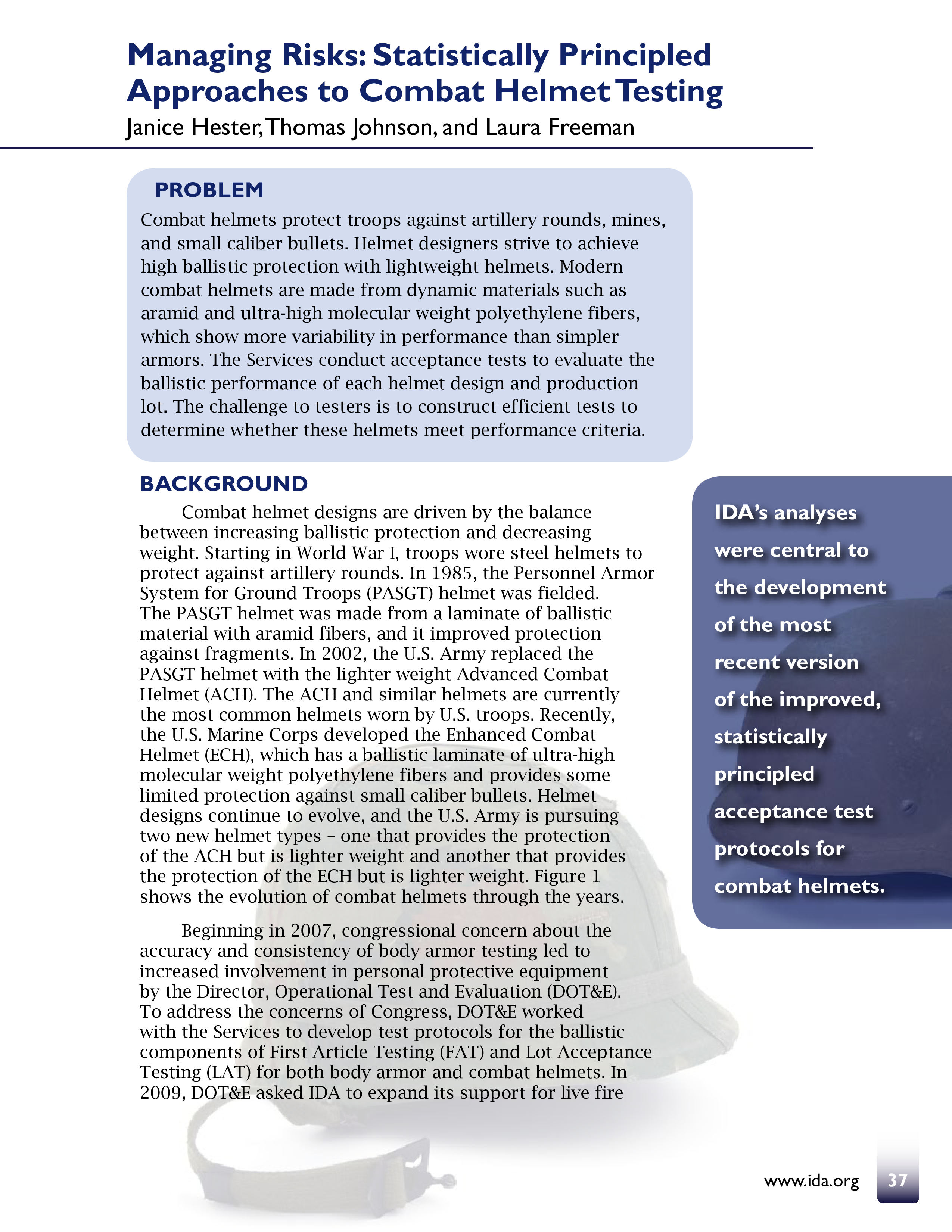 Managing Risks Statistically Principled Approaches to Combat Helmet Testing