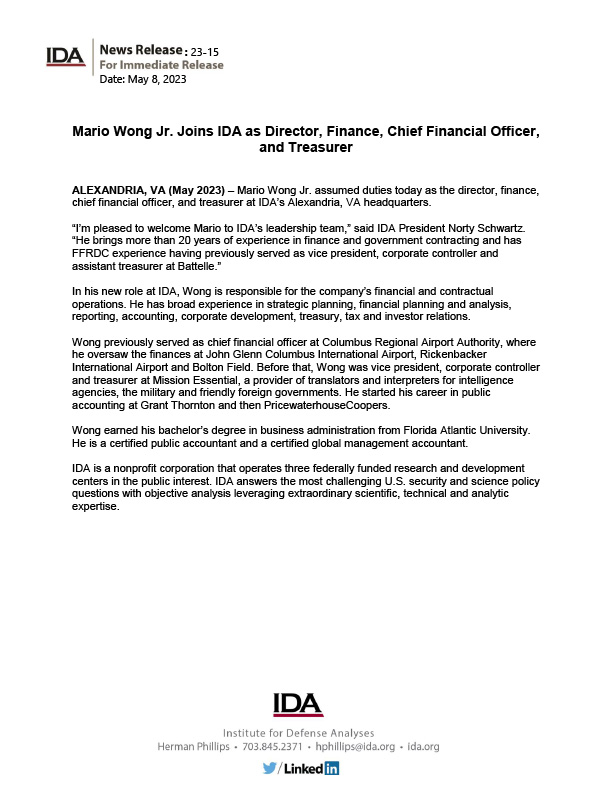 Mario Wong Jr. Joins IDA as Director, Finance, Chief Financial Officer, and Treasurer