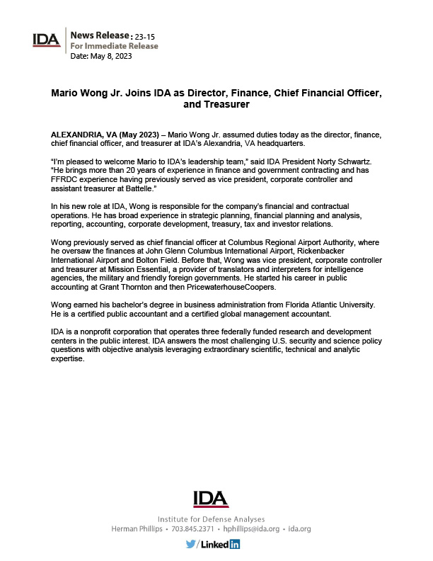 Mario Wong Jr. Joins IDA as Director, Finance, Chief Financial Officer, and Treasurer