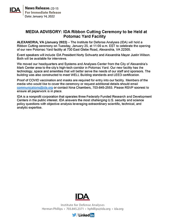 thumbnail image, MEDIA ADVISORY: IDA Ribbon Cutting Ceremony to be Held at Potomac Yard Facility