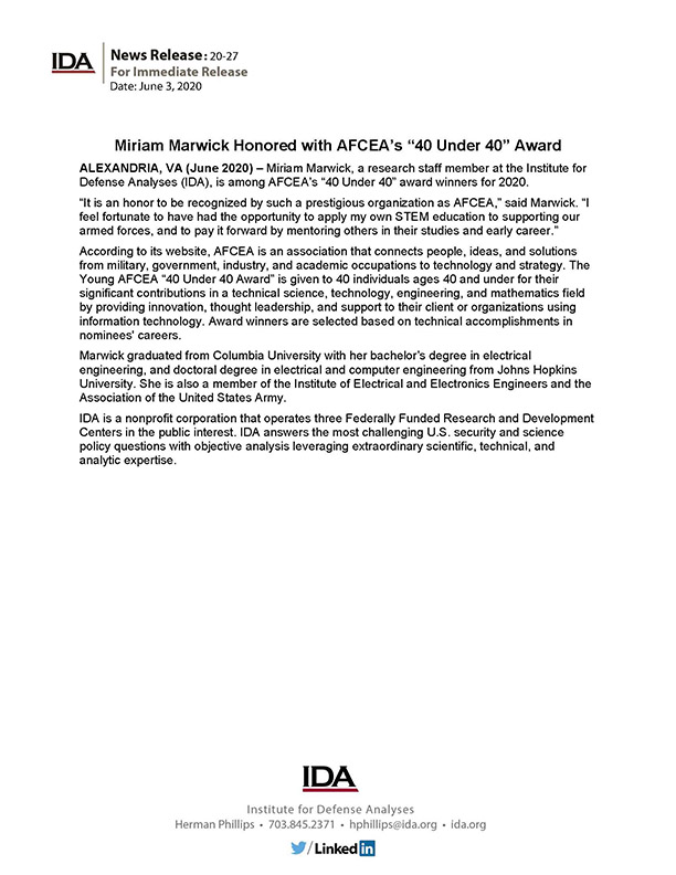 document image, Miriam Marwick Honored with AFCEA’s “40 Under 40” Award