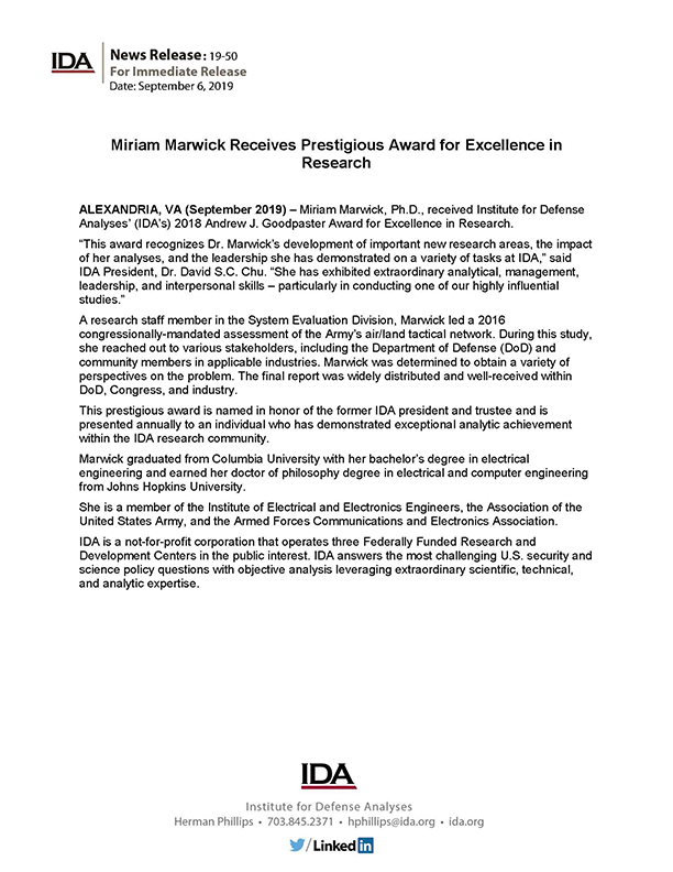 Miriam Marwick Receives Prestigious Award for Excellence in Research