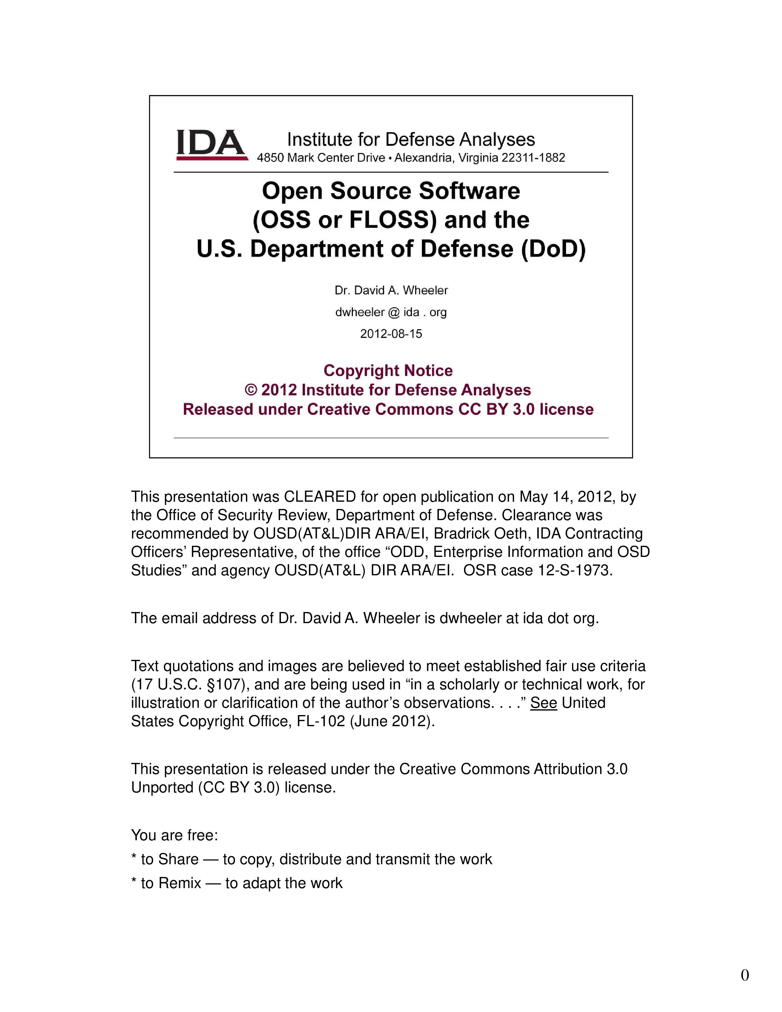 Open Source Software (OSS or FLOSS) and the U.S. Department of Defense (DoD)